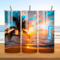 This photo depicts all sides of tranquil beach tumbler with palm trees and sunset design. 
